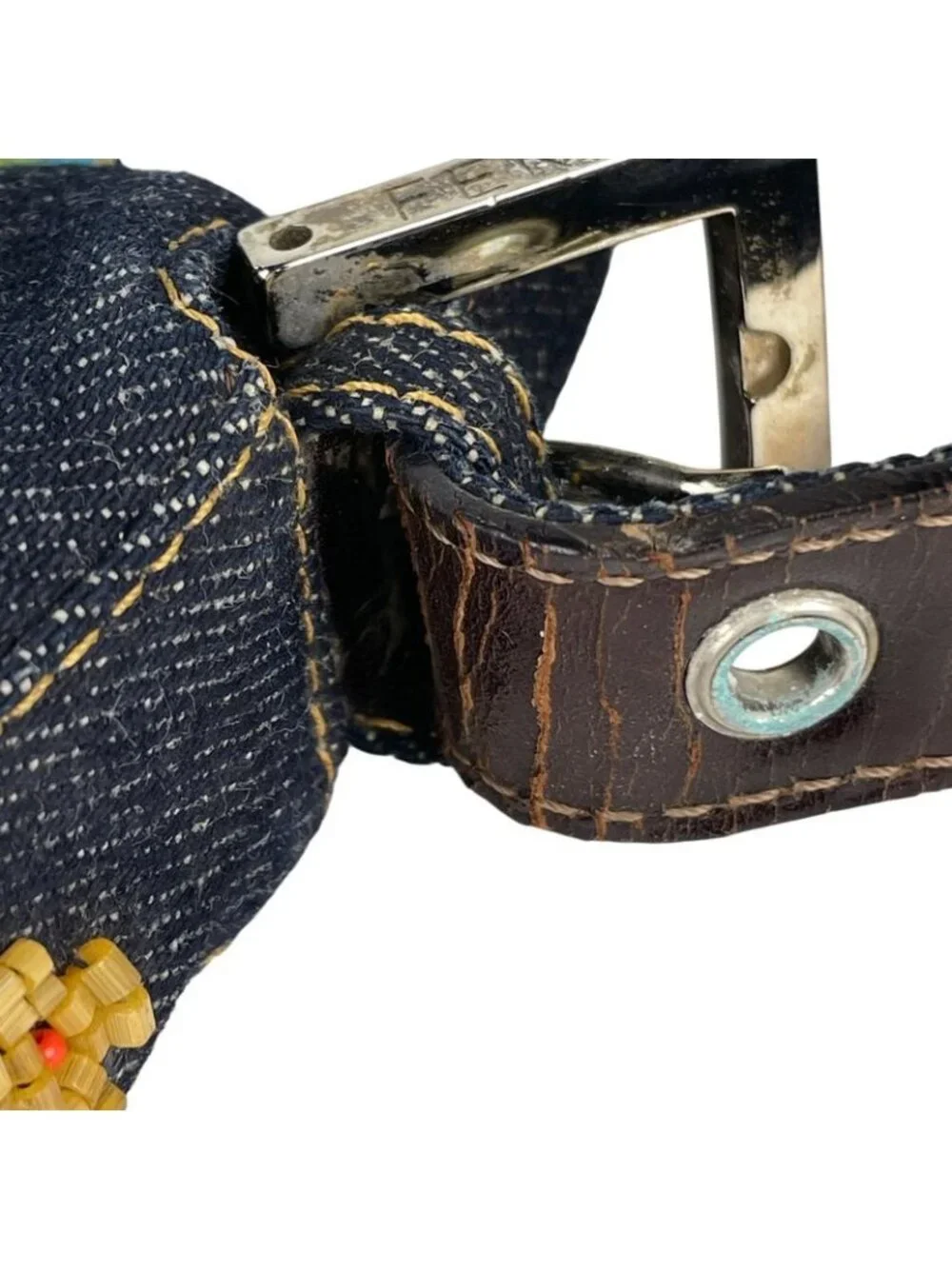 Fendi Zucca Pattern Mamma Baguette Beads Embroidery Shoulder Bag Denim Navy - Picture 10 of 15